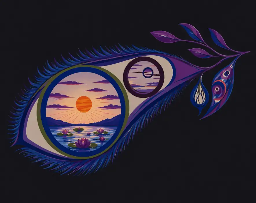 A stylized eye containing a lotus pond at sunset, representing the Akharata subtle-body architecture
