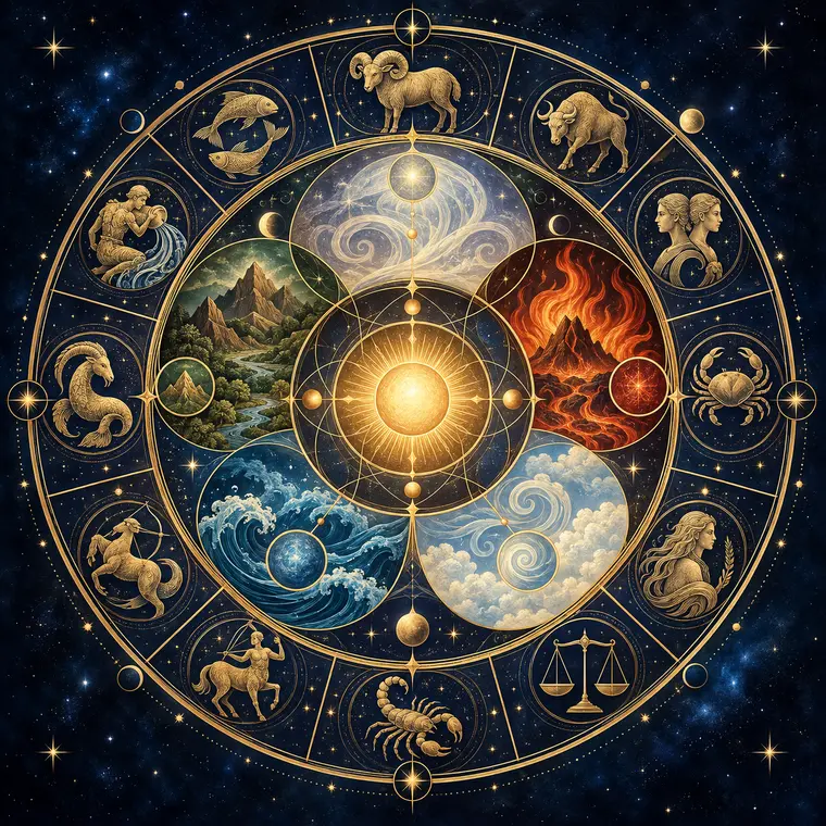 Celestial zodiac wheel with five elemental fields