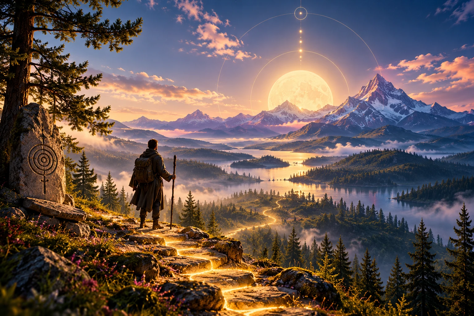 A traveler on a glowing stone path overlooking mountains, a lake and a rising moon